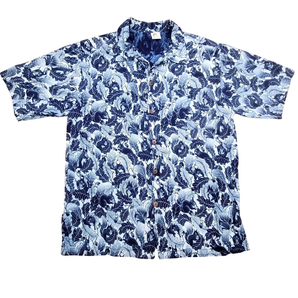 Blue Squirrel Oak Leaf Print Short Sleeve Button‎ Down Camp Shirt Mens Medium